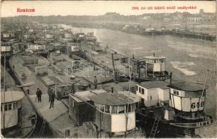 1908 Komárom, Komárno; 1908. évi téli kikötő telelő uszályokkal, MFTR 640, 630, 615, 370 / winter harbor, port, barges (Rb)