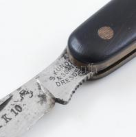 Régi oltó bicska, kertészeti eszköz, a pengén jelzett: S. Kunde & Sohn Dresden 6 Drezda, kissé k...