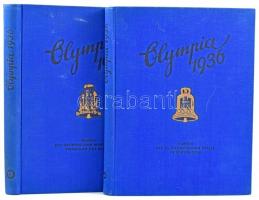 1936 Olympia 1936. Die XI. Olympischen Spiele in Berlin und Garmisch-Partenkirchen. Band I-II. Band I. Die Olympischen Winterspiele Vorschau auf Berlin. Band II. Die XI. Olympischen Spiele in Berlin 1936. Herausgegeben vom Cigaretten-Bilderdienst. Altona (Hamburg)-Bahrenfeld, 1936, Cigaretten-Bilderdienst, 127+1 p.+5 (fekete-fehér képtáblák.) t. t.+1 (kihajtható térkép) t.; 165+3 p.+8 (fekete-fehér képtáblák.) t. Cigarettakép gyűjtő albumok, az összes gyűjtőképpel, német nyelven. Kiadói aranyozott egészvászon-kötés, jó állapotban