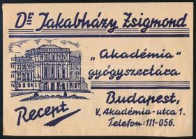 Dr. Jakabházy Zsigmond Akadémia Gyógyszertára Budapest receptboríték recepttel