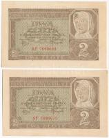 Lengyelország / Német megszállás 1941. 2Zl (2x) "AF 7690669-7690670" sorszámkövetők T:II-III kis folt Poland / German Occupation 1941. 2 Zloty (2x) "AF 7690669-7690670" consecutive serials C:XF-F small spotts Krause P#100