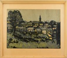 Mészáros Lajos (1925-1971): Sárospatak. Linómetszet, papír, jelzett, üvegezett, kopott fakeretben, 35×59,5 cm
