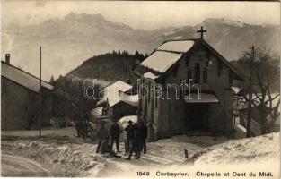 1909 Corbeyrier, Chapelle et Dent du Midi / chapel, men with sleds, winter sport (EK)
