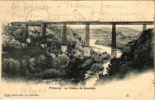 1903 Fribourg, Le Viaduc de Grandfey / railway bridge, viadcut, train, locomotive (EK)