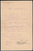 1893 Bp., a Liszt Ferenc Társaság társadalmi szakosztályának levele rendezőbizottsági taggá választás tárgyában, rajta Köpesdy Sándor (1840-1925) elnök aláírásával, a társaság fejléces papírján