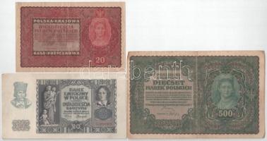 Lengyelország 1919. 20M + 500M + 1934. 100Zl (2x) + 1940. 10Zl (2x) + 20Zl T:III,III- közte folt, ki...