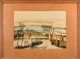 Szalóky Sándor (1921-1978): Séta a hóban, 1973. Akvarell, papír, jelezve jobbra lent, üvegezett fakeretben, 34×47,5 cm.