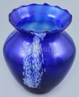 Kék üveg váza, kopott, m: 19 cm
