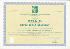 Pécs 1996. Déldunántúli Áramszolgálgáltató Részvénytársaság részvénye 10.000Ft-ról szelvényekkel T:II