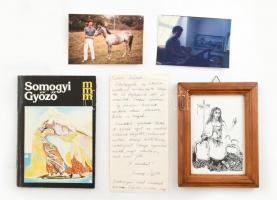 Somogyi Győző (1946-) grafikus és festőművésszel kapcsolatos tétel: dedikált könyv, saját kézzel írt levele, dedikált fotólapja, kisgrafikája (szitanyomat) üvegezett keretben
