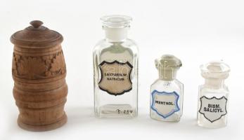 Gyógyszeres üveg, 3 db, csorbával, m: 9,5 és 16 cm között + fa tégely
