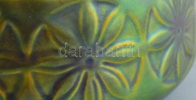 Zsolnay zöld eozin mázas kaspó, jelzett, hibátlan, m:6 cm, d:12 cm