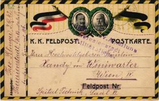 1916 Feldpostkarte / WWI Austro-Hungarian K.u.K. military field postcard, Wilhelm II, Franz Joseph I of Austria, Viribus Unitis propaganda, flags (fa)