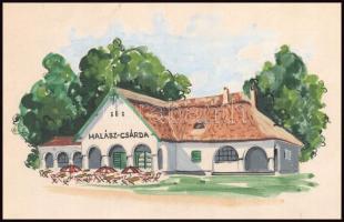 Jakab Zoltánné (1935-): Keszthely, halászcsárda, porcelánterv, vegyes technika, papír, 30×21 cm