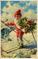 1930 Boldog Újévet / New Year greeting with skiing child, winter sport