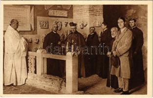 His Emin. Card. Archbishop Hayes of New York visiting the preserved Christian monuments in the &quot;Tricora Cell&quot; above the Crypt of the Popes as illustrated by Mons. Wilpert