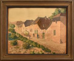 Szabó József (1889-1955): Utcarészlet (Tabán?), 1933. Akvarell, papír, jelzett. Üvegezett fakeretben. 29×36,5 cm.