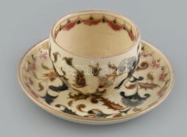 Zsolnay, antik csésze, jelzett, kézzel festett fajansz, mázrepedésekkel, d: 6-11 cm