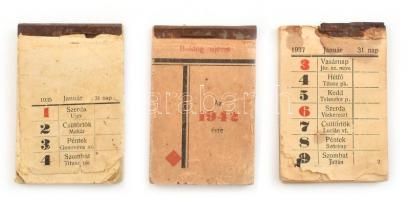 1935-1942 össz. 3 db kis méretű naptár heti bontásban, lapok hátoldalán receptekkel, foltos és sérült, 1935-ös naptár fedlapja és 1937-es utolsó lapja hiányzik, 8x5,5 cm