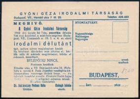 1942 A Gyóni Géza Irodalmi Társaság fejléces levelezőlapja irodalmi délután programjával