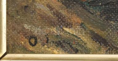 Olvashatatlan (Orbán?) jelzéssel: Vitorlás. Olaj, karton. Dekoratív fa keretben, 19×26 cm