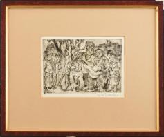Szabó Vladimir (1905-1991): Zenélő társaság. Rézkarc, papír, jelzett. Üvegezett fakeretben. 13,5×18,...