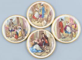 Angol jelenetes porcelán tányér, jelzett, kopásnyomokkal, 4db, d: 12 cm