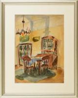 Jelzés nélkül: Enteriőr, 1944. Akvarell, ceruza, papír. Üvegezett fakeretben. 32x23 cm