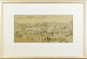 Gábor J jelzéssel: Budapesti panoráma a várból. Ceruza, papír. Üvegezett fa keretben,20,5×43 cm