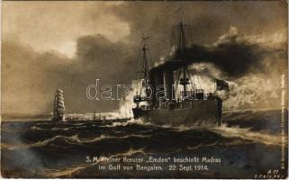 1915 SM Kleiner Kreuzer Emden beschießt Madras im Golf von Bengalen / WWI German Navy (Kaiserliche Marine) art postcard + K.U.K. KRIEGSMARINE SM SCHIFF BELLONA (fl)