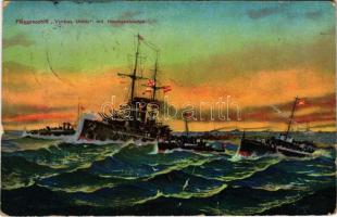 1915 Flaggenschiff Viribus Unitis mit Hochseebooten / WWI Austro-Hungarian Navy, K.u.K. Kriegsmarine art postcard, SMS Viribus Unitis dreadnought battleship. G.C. Pola 1915. Druck v. M. Schulz + K.U.K. KRIEGSMARINE SMS SZIGETVÁR (fa)
