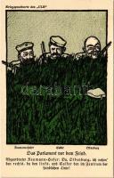 Das Parlament vor dem Feind. Kriegspostkarte des ULK (Berliner Tageblatt) Nr. 25/117. / WWI German military propaganda, humour