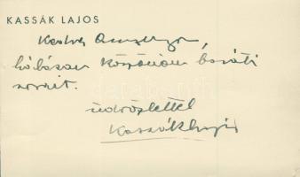 Kassák Lajos saját kezű köszönő sorai és aláírása névjegykártyáján / Signature and manuscript of Lajos Kassak