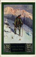 Freiw. ob-österr. Schützen-Baon. Deutsche Schulverein Karte Nr. 993. / WWI Austro-Hungarian K.u.K. military art postcard, mountain troops, soldier with ski s: Fr. Frank