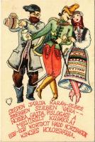 Szépen járja Karánsebes, szebben Szeben vára - - nossza gazda, pislogass a megürült kupákra! Egy-egy kortyot hadd kortyantok kincses Kolozsvárra / Hungarian folklore art postcard, irredenta propaganda
