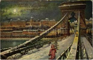 1910 Budapest I. Királyi vár a Lánchídról nézve télen. Karácsonyi üdvözlettel. H.H.i.W. Serie 624-9. (kis szakadás / small tear)