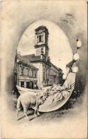 1907 Budapest V. Lipót utca, Az angolkisasszonyok Sancta Maria intézete, Fölsei Kornél a Fekete Kutyához címzett üzletével. Húsvéti montázs báránnyal és tojással. Garai Arthur kiadása (fa)