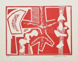 Marosán Gyula (1915-2003): Absztrakt formák pirosban. Linómetszet, papír. Jelzett, számozott: 5/50. 22,5×30 cm