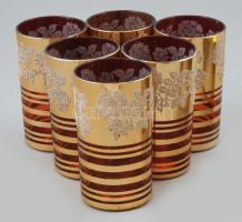 Crown aranyozott 6 darabos pohárkészlet, üveg, kopásnyomokkal.