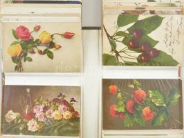 99 db RÉGI virágos üdvözlő és csendélet motívum képeslap albumban, több litho, vegyes minőség / 99 p...