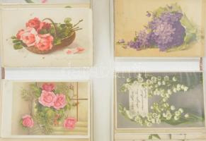 99 db RÉGI virágos üdvözlő és csendélet motívum képeslap albumban, több litho, vegyes minőség / 99 p...