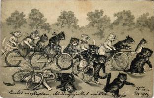 1904 Macska kerékpárverseny, bicikli baleset. Dombornyomott litho / Cat cycling race, bicycle accident. Embossed litho (Rb)