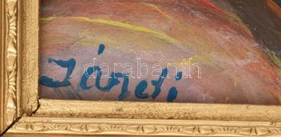 Jándi jelzéssel: Városrészlet (nagybányai református templomot?). Olaj, farost. Dekoratív, sérült fa...