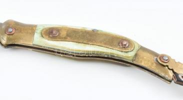 Válik bicska, zsebkés, jelzett, réz és szaru nyéllel, bőr tokkal, akasztóval, h: 32 cm