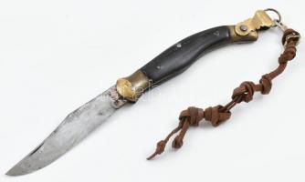 Válik bicska, zsebkés, jelzett, réz és szaru nyéllel, bőr tokkal, akasztóval, h: 24 cm