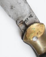 Válik bicska, zsebkés, jelzett, réz és szaru nyéllel, bőr tokkal, akasztóval, h: 24 cm