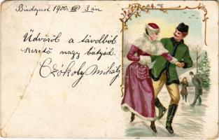 1900 Winter sport, ice skating couple. Floral, litho (fa)