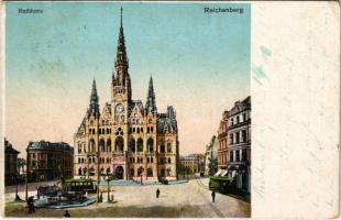 1901 Liberec, Reichenberg; Rathaus / town hall, square, tram (tear)