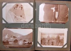 Háborús emlékalbum, 63 db első világháborús fotólap közte néhány fotó: olasz front Tirolban, háborús képek, fegyverek, felderítőballonok, katonák, tájképek. Érdekes anyag!!
