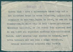 1936 Erdős Renée költőnő géppel írt levele Dick Manónak melyben az írónő Rákoshegyi házát hirdeti meg. Az írónő saját kezű aláírásával.